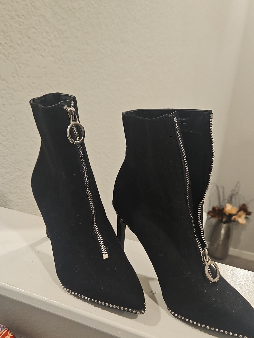 Bar III Black Suede Ankle Boots with Silver Zipper & Stud Trim